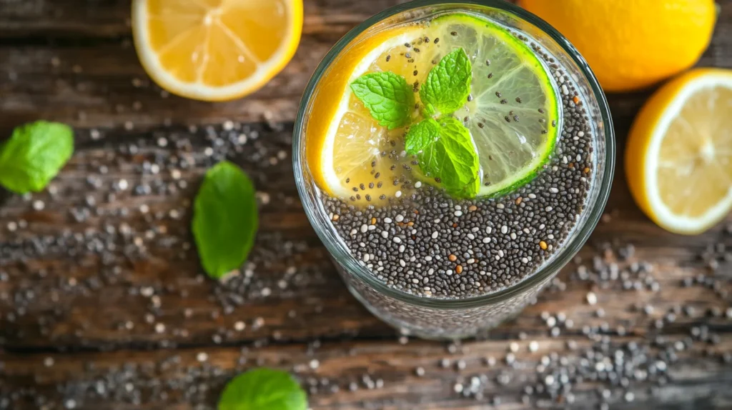 Chia Water with hydrated chia seeds and a splash of lemon juice, served in a clear glass.