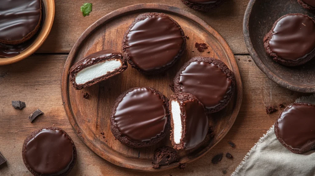 Homemade choco pies with a fluffy marshmallow center, dipped in rich chocolate.