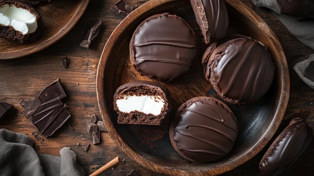 Homemade choco pies with a gooey marshmallow center and chocolate coating.