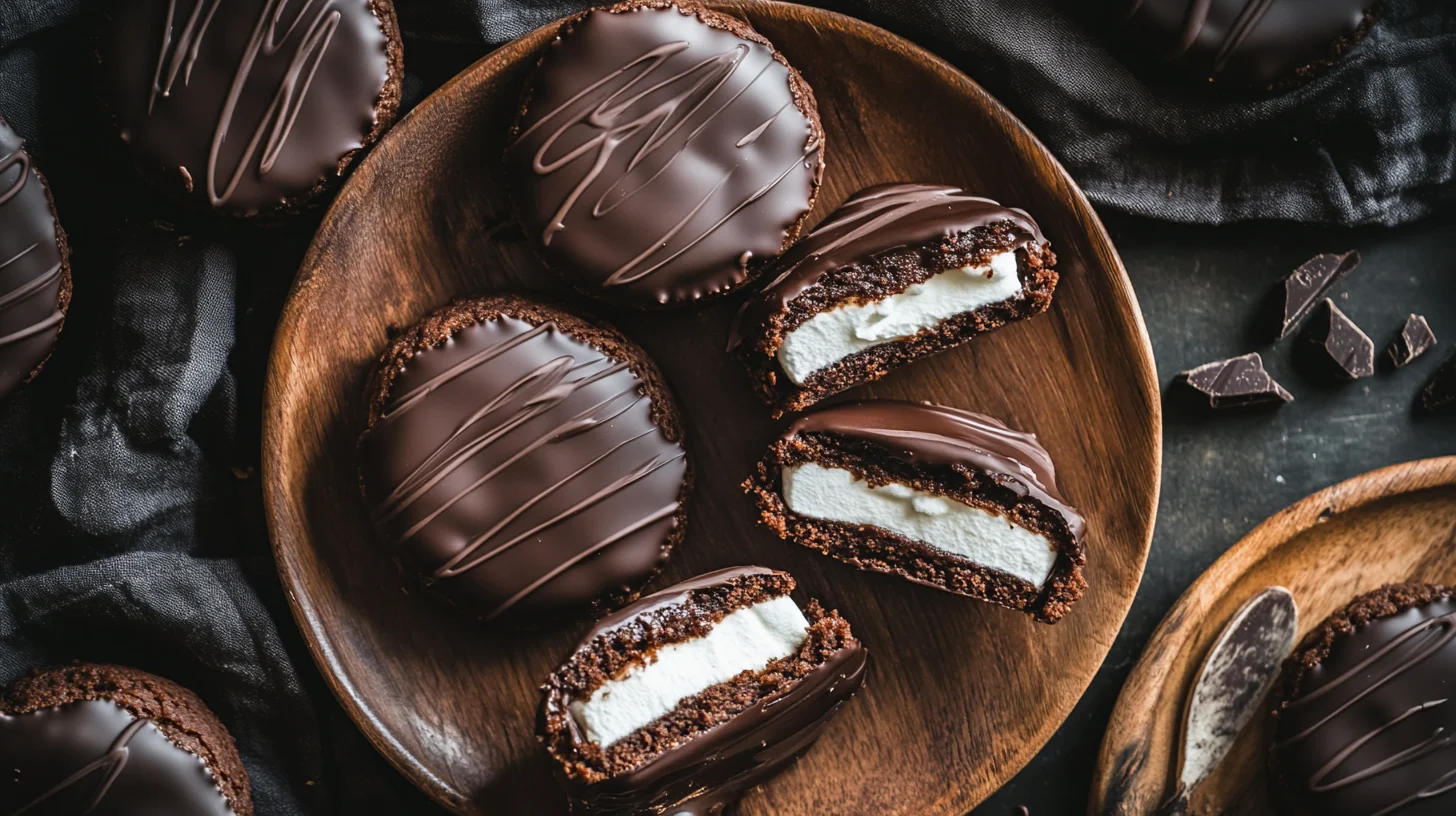 Freshly baked choco pies with a crispy outer layer and marshmallow filling.