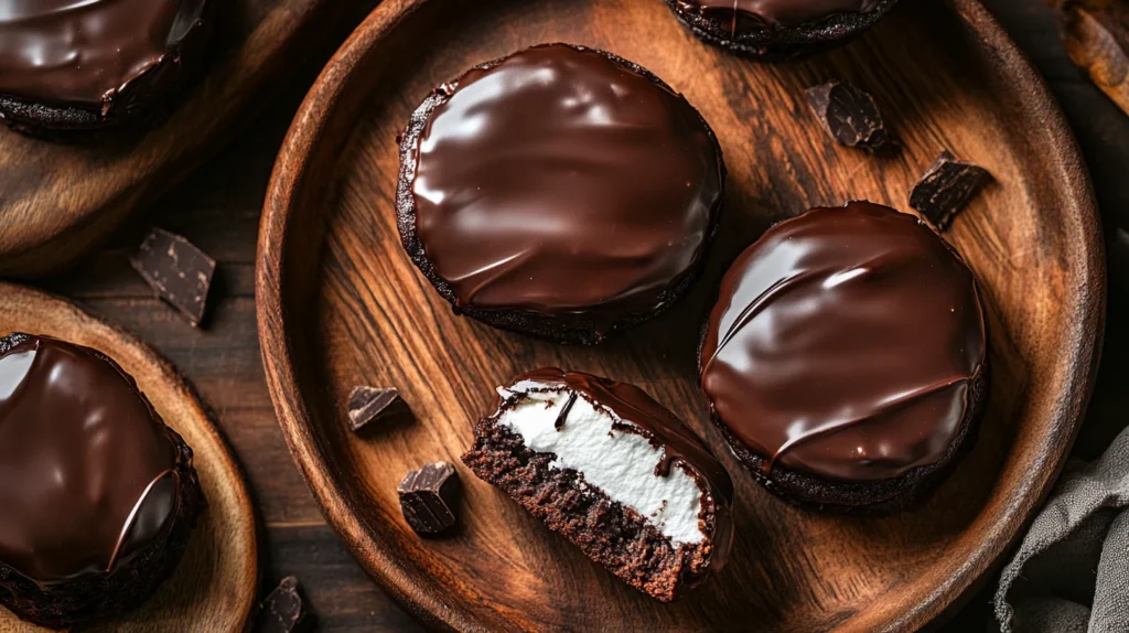 A close-up of freshly made choco pies with a chocolate coating and soft marshmallow filling.