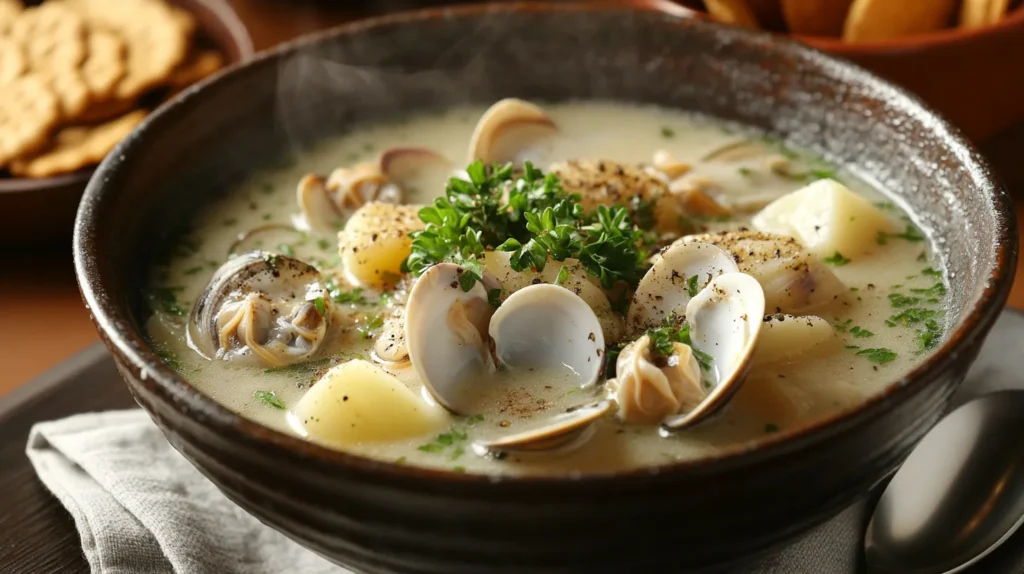 Warm and comforting canned clam chowder paired with crusty bread on the side.