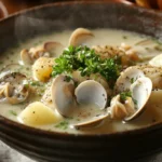 Warm and comforting canned clam chowder paired with crusty bread on the side.