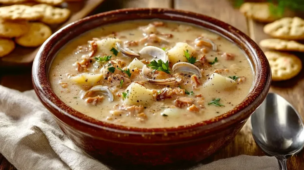 A hearty bowl of canned clam chowder served with crackers and herbs for garnish.