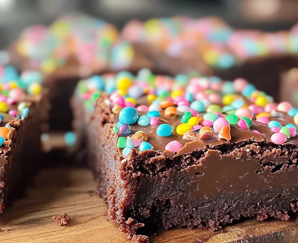 Homemade cosmic brownies with a fudgy texture and colorful candy toppings.