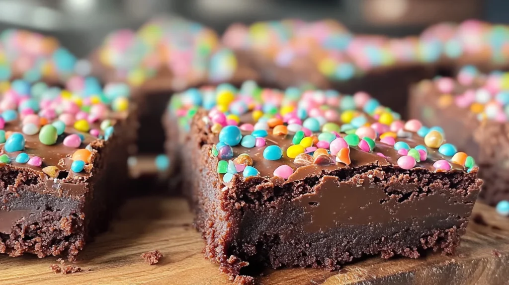 Homemade cosmic brownies with a fudgy texture and colorful candy toppings.