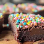 Homemade cosmic brownies with a fudgy texture and colorful candy toppings.