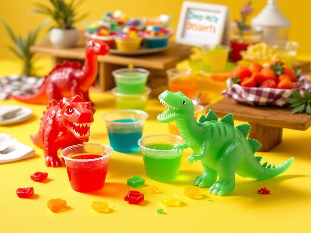 Fun and colorful Dino Jello Cups featuring vibrant jello and small dinosaur toys.