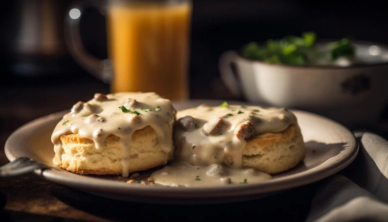 Venison sausage gravy poured over soft biscuits, creating a savory and filling dish.