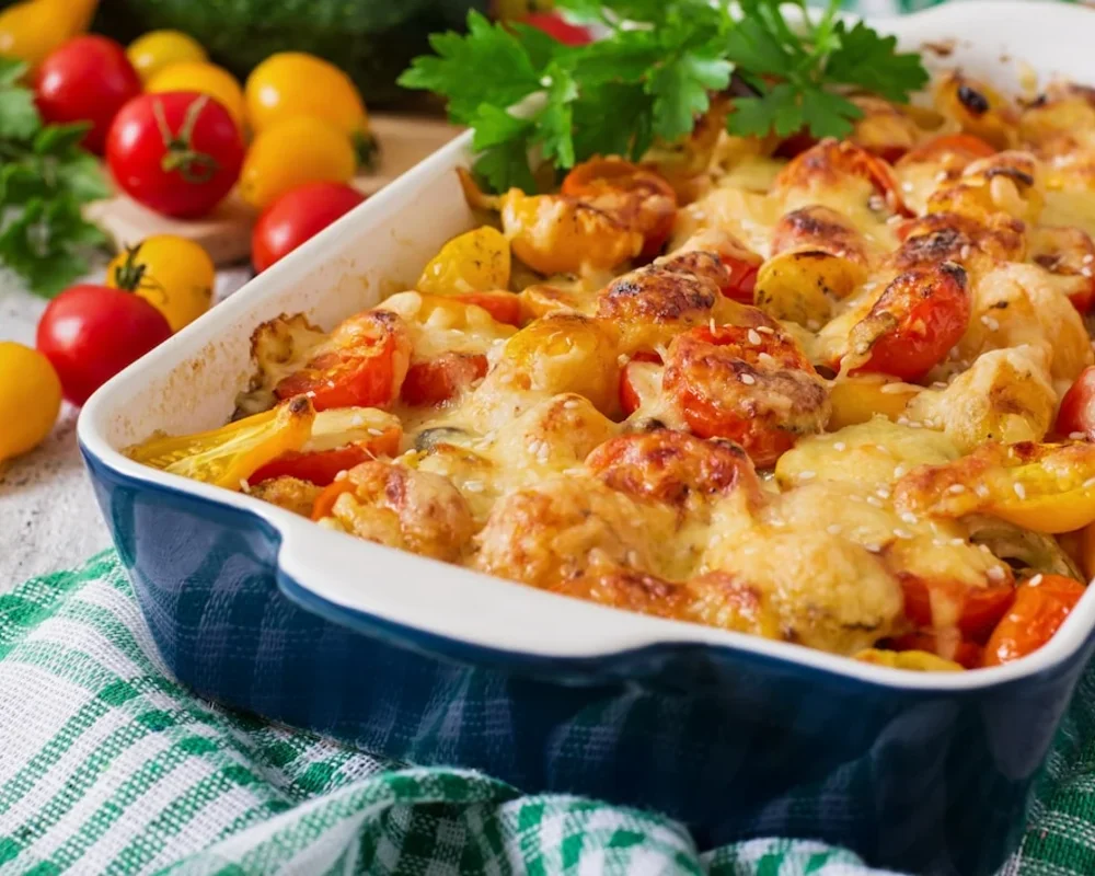 Loaded tater tot casserole with a golden crust and fresh toppings.