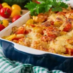 Loaded tater tot casserole with a golden crust and fresh toppings.