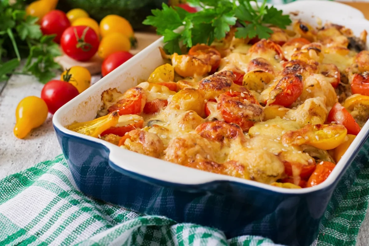 Loaded tater tot casserole with a golden crust and fresh toppings.