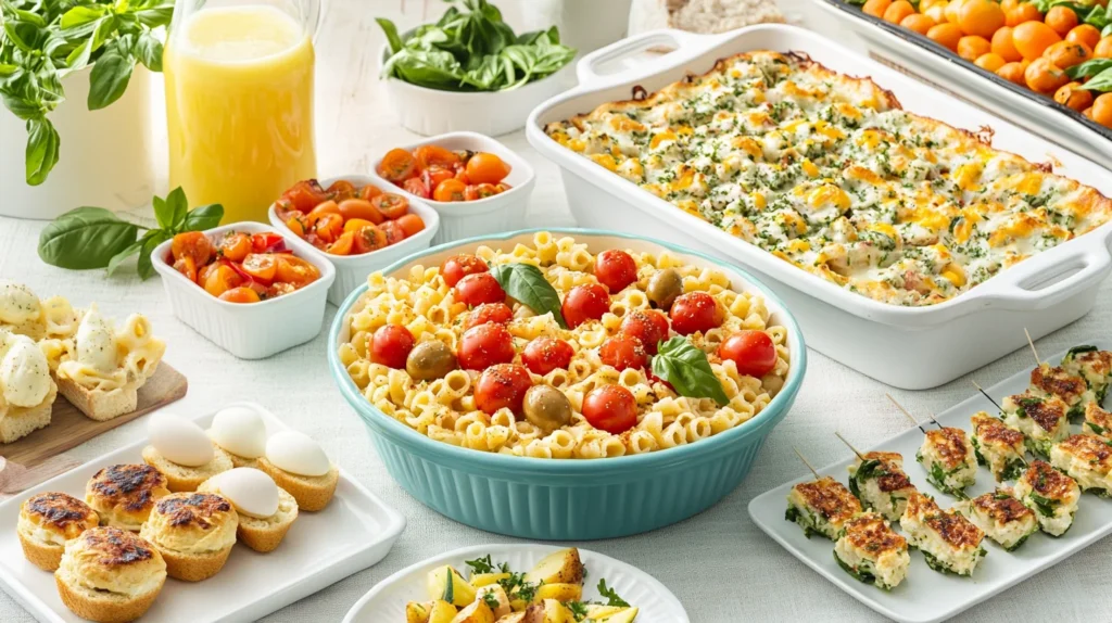 A colorful potluck dish featuring pasta salad with fresh vegetables and herbs.