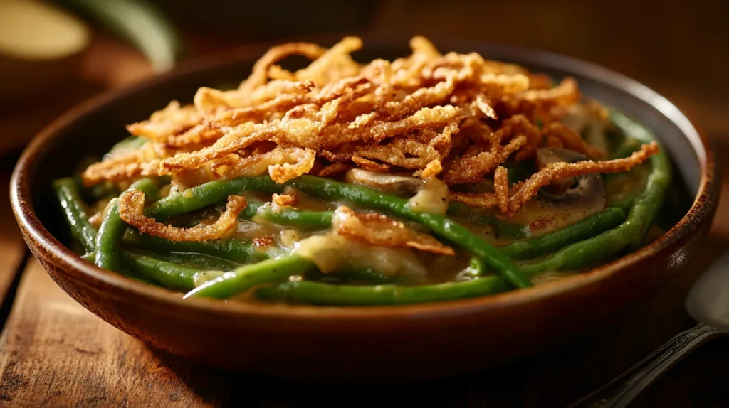 Freshly baked green bean casserole with a creamy sauce and golden onion topping.