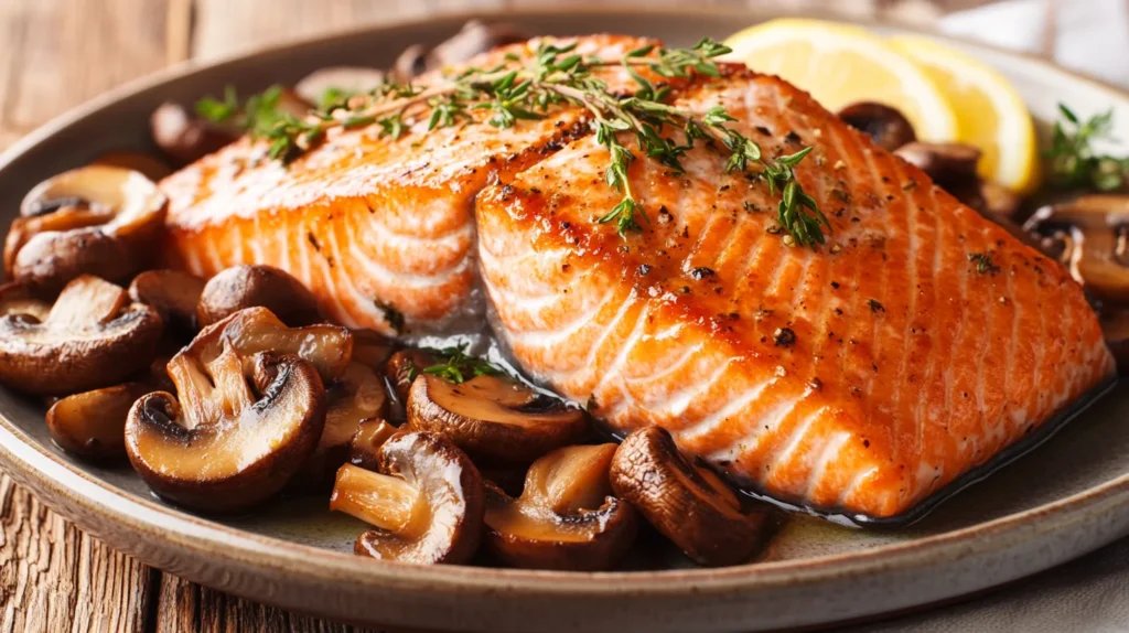 A plate of pan-seared salmon served with a side of buttery mushrooms.