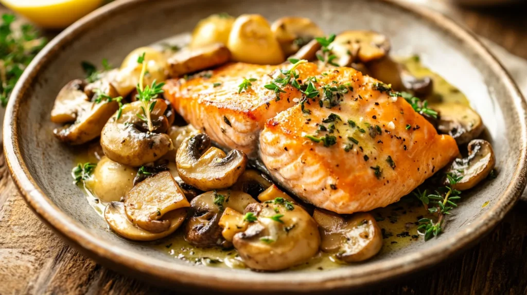 Grilled salmon and mushrooms garnished with herbs for a delicious meal.