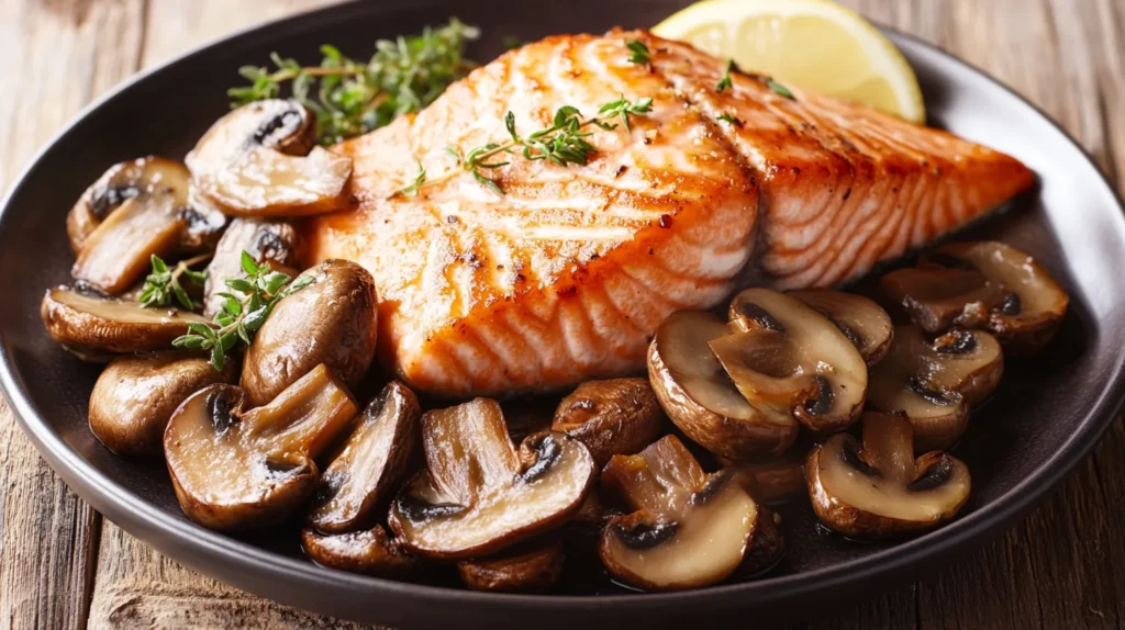 Salmon fillets topped with sautéed mushrooms, creating a rich, flavorful dish.