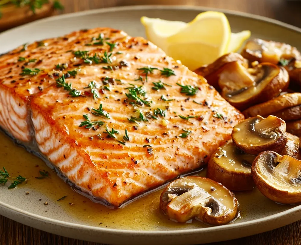 Salmon with a mushroom cream sauce, ready to be served for a gourmet dinner.