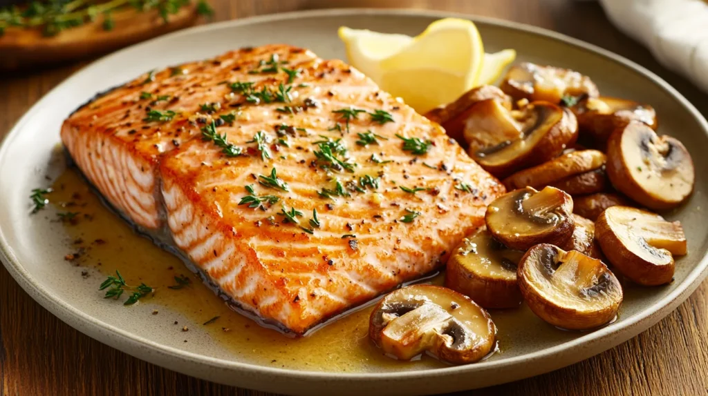 Salmon with a mushroom cream sauce, ready to be served for a gourmet dinner.