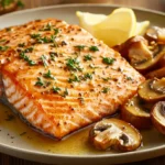 Salmon with a mushroom cream sauce, ready to be served for a gourmet dinner.