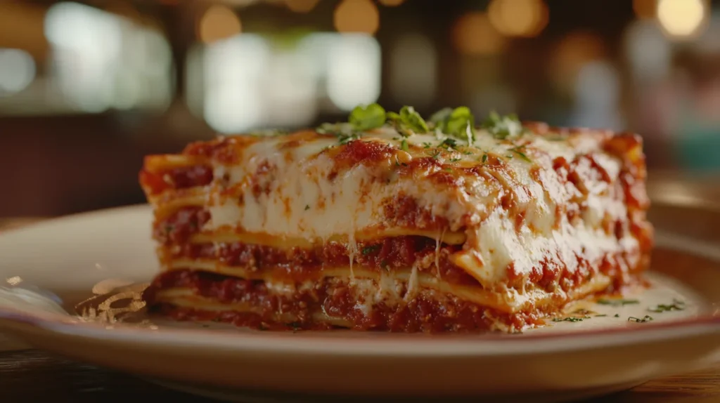Layered Creamette Lasagna Recipe with rich tomato sauce and melted cheese.