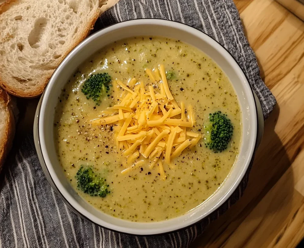 Broccoli Cheddar Soup Subway Recipe in a bowl with a spoon and a slice of bread.