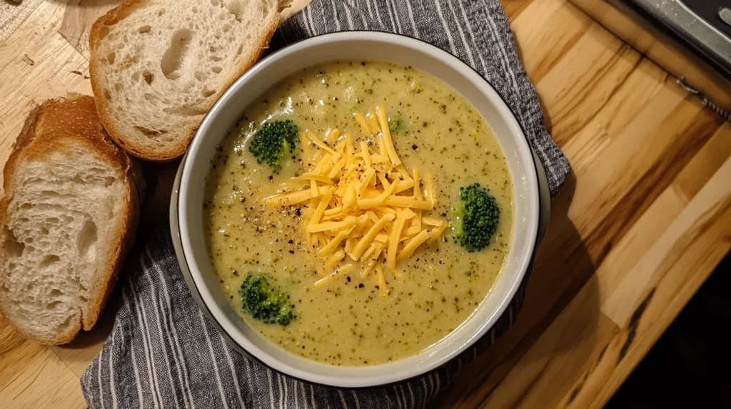 Broccoli Cheddar Soup Subway Recipe in a bowl with a spoon and a slice of bread.