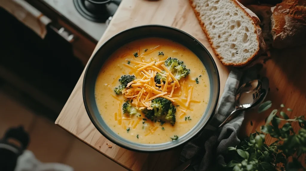 Homemade Broccoli Cheddar Soup Subway Recipe in a white bowl.
