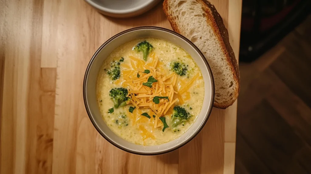 Broccoli Cheddar Soup Subway Recipe served with a spoon and bread.
