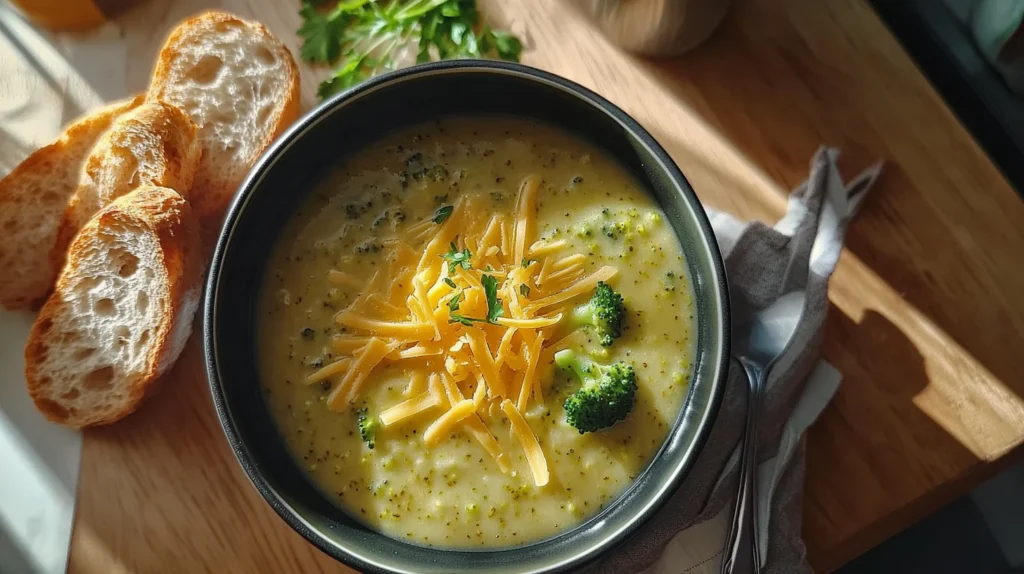 Broccoli Cheddar Soup Subway Recipe served in a bowl with fresh bread.