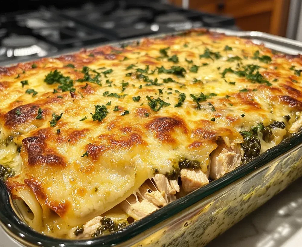 Homemade Chicken and Pesto Lasagne Recipe served with a garnish.