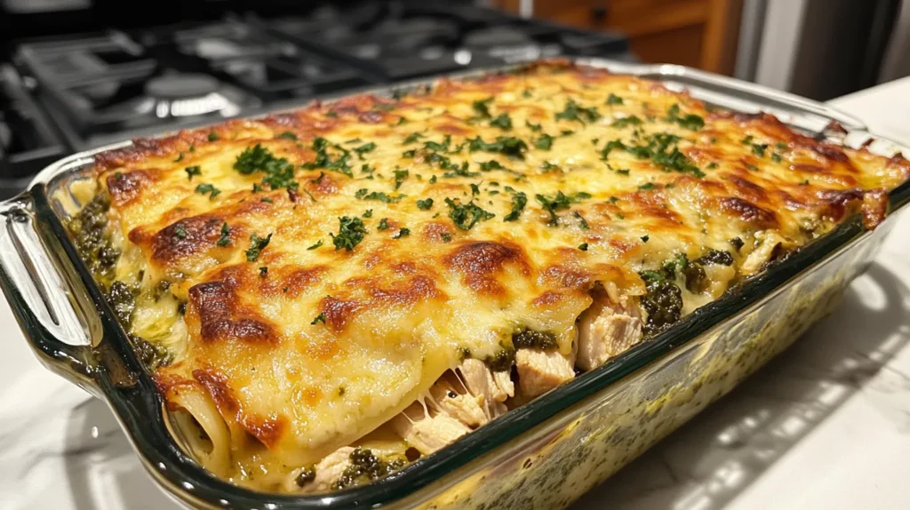 Homemade Chicken and Pesto Lasagne Recipe served with a garnish.