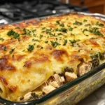 Homemade Chicken and Pesto Lasagne Recipe served with a garnish.
