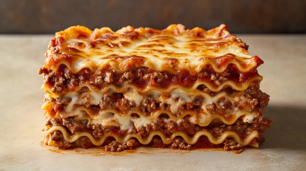 American Beauty Lasagna served on a plate with layers of cheese and meat sauce.