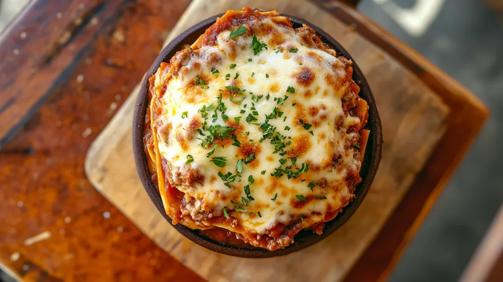 American Beauty Lasagna with golden-brown cheese and savory sauce.