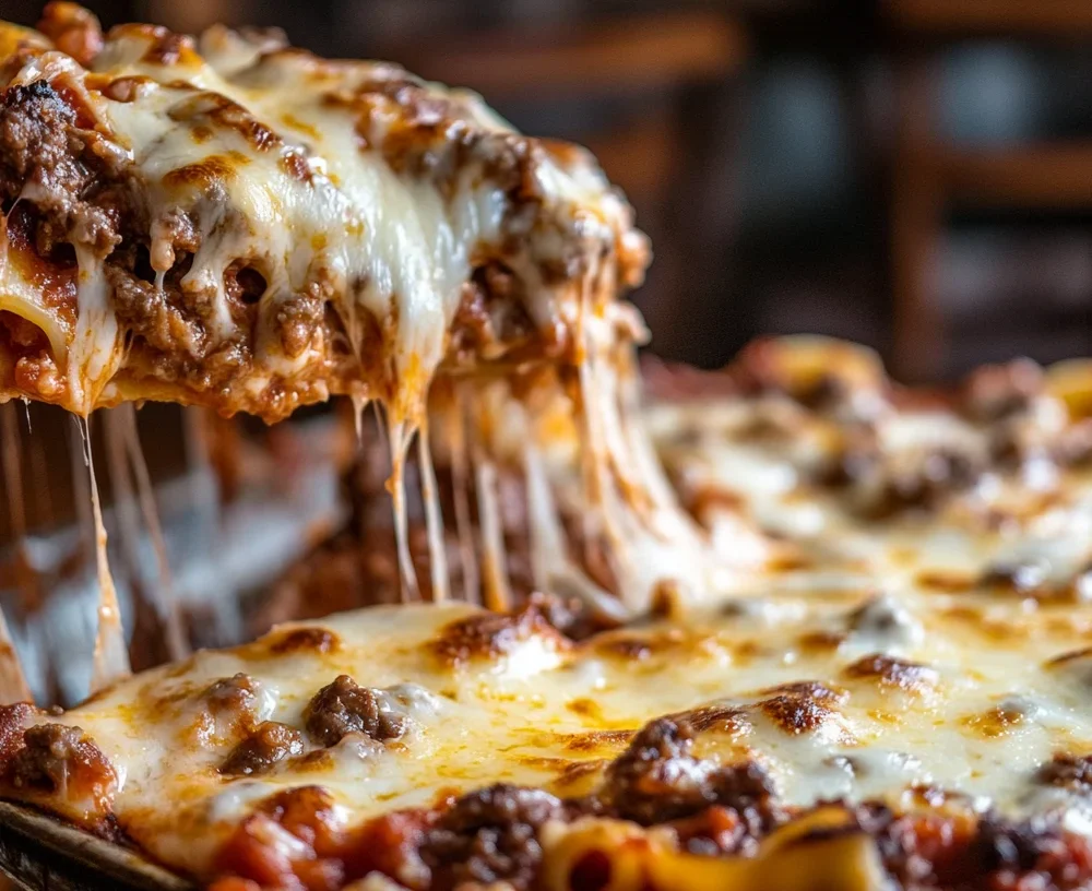 Delicious American Beauty Lasagna with layers of meat sauce, cheese, and pasta.