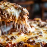 Delicious American Beauty Lasagna with layers of meat sauce, cheese, and pasta.