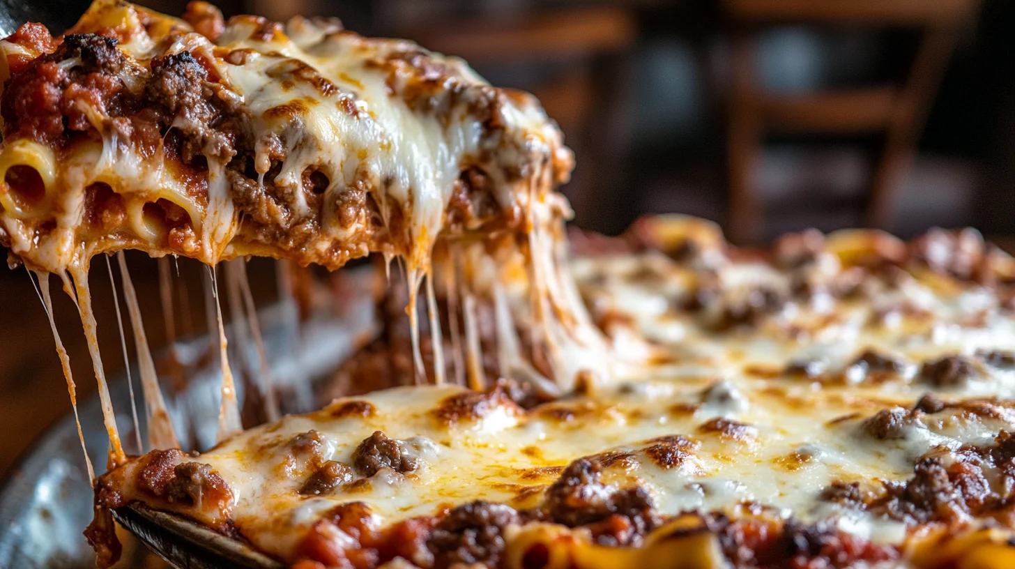 Delicious American Beauty Lasagna with layers of meat sauce, cheese, and pasta.