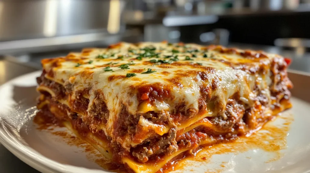 Slice of American Beauty Lasagna with rich layers of cheese, meat sauce, and noodles.