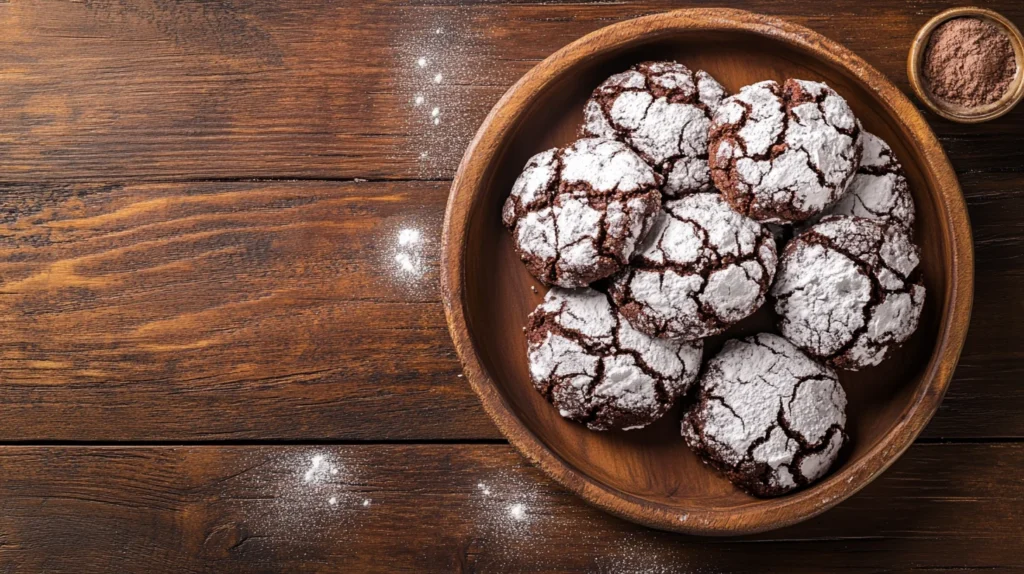 Chocolate Crinkle Cookies on a wooden countertop in a cozy kitchen.