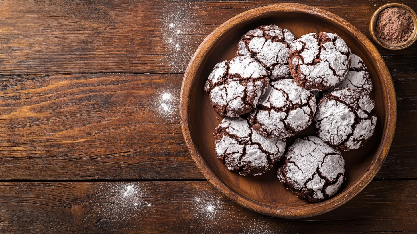 Chocolate Crinkle Cookies on a wooden countertop in a cozy kitchen.
