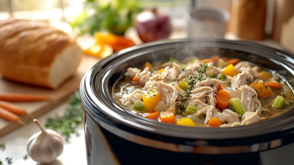 A hearty and flavorful beef stew cooked in a crockpot, ready to serve.