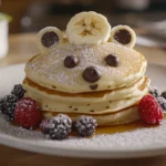 Delicious bear-shaped pancakes with honey, berries, and whipped cream.