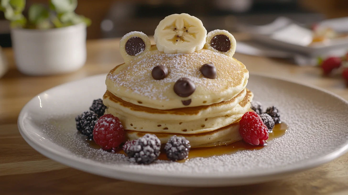 Delicious bear-shaped pancakes with honey, berries, and whipped cream.