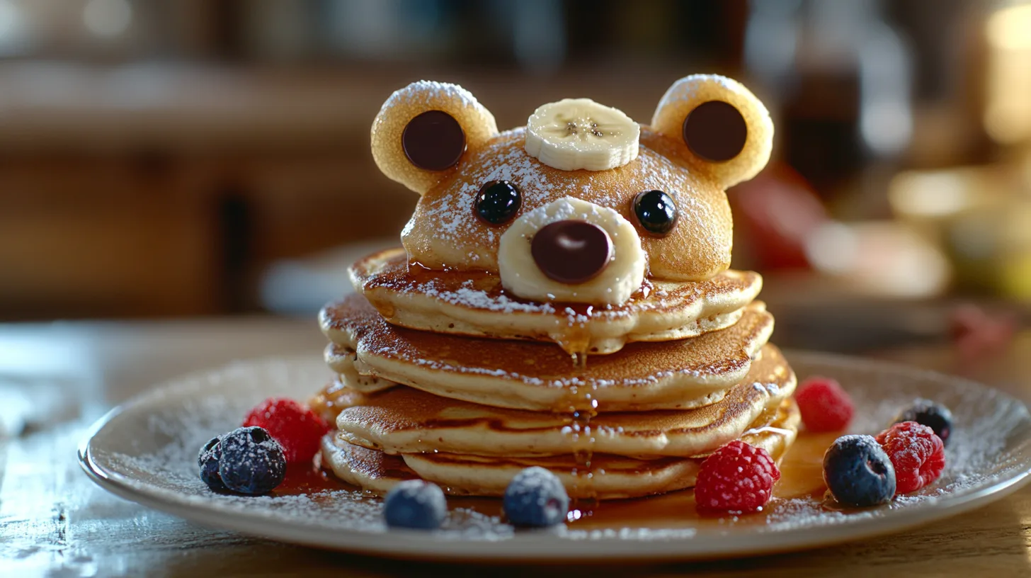 Adorable bear-shaped pancakes topped with syrup and fresh berries.