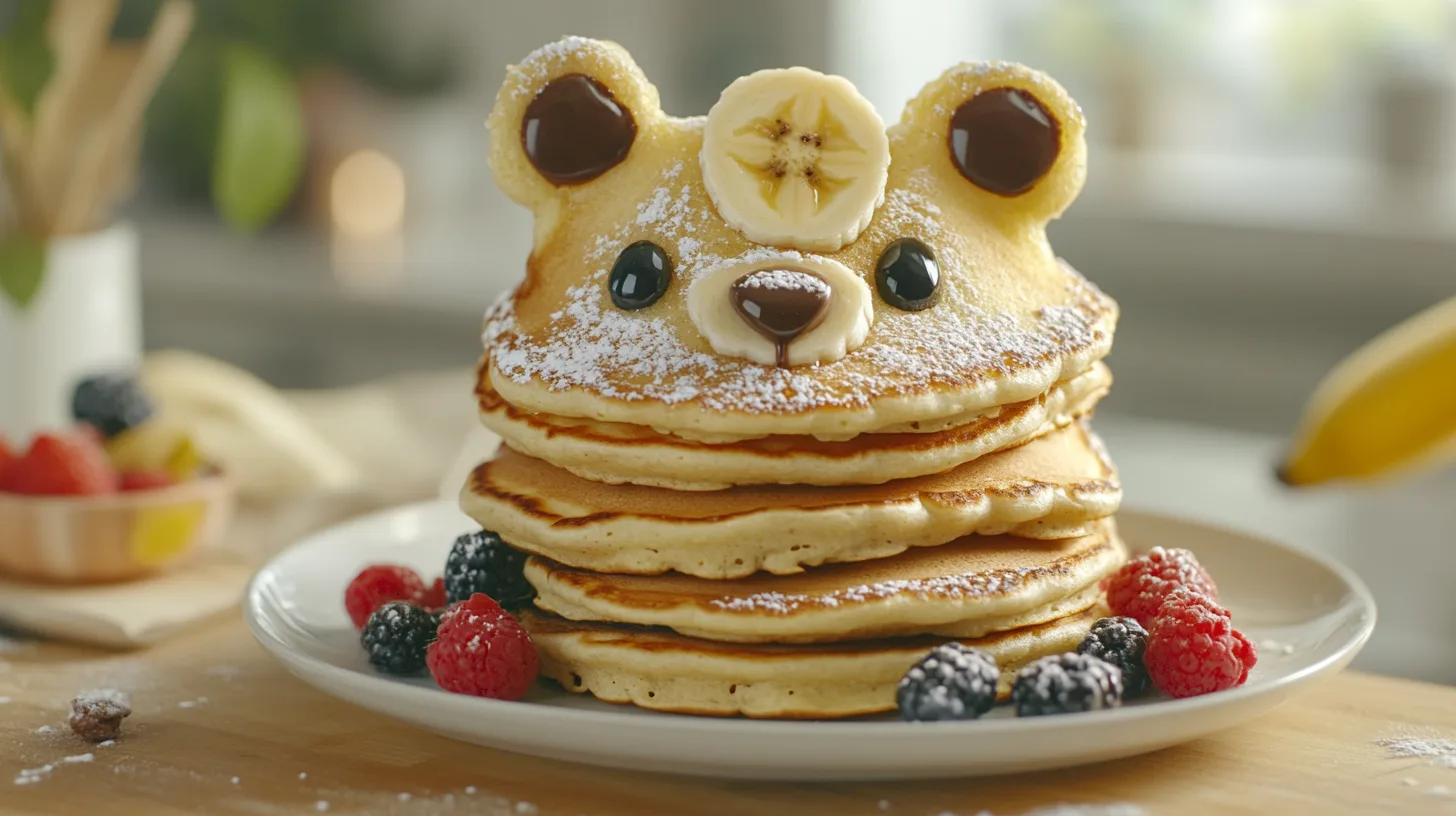 Fun bear-shaped pancakes with whipped cream, syrup, and fruit toppings."