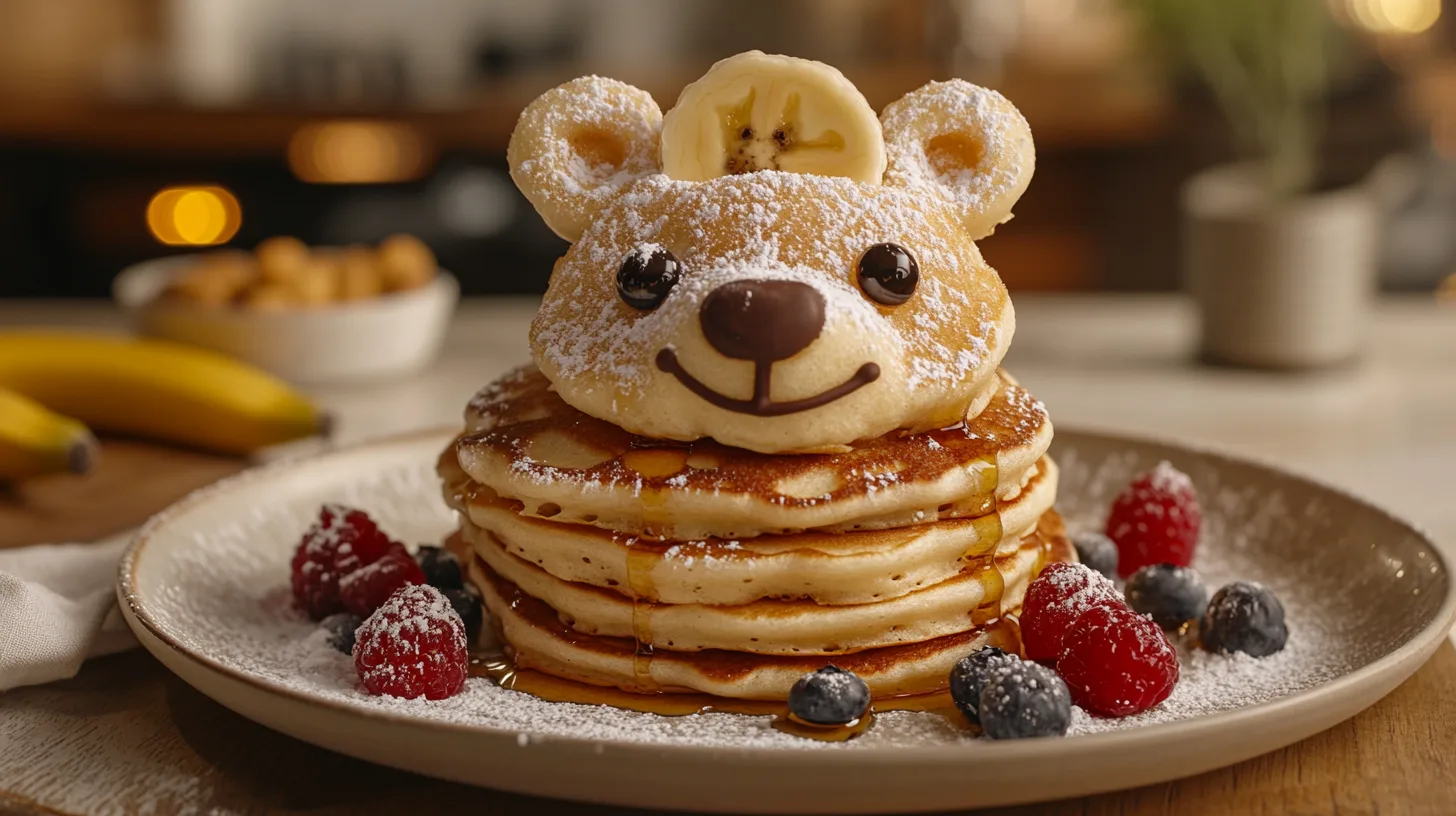 Charming bear-shaped pancakes with chocolate chip eyes, syrup, and fruit garnish.