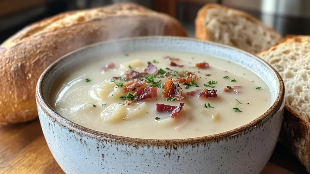 Warm and creamy benignis potota soup served in a rustic bowl.