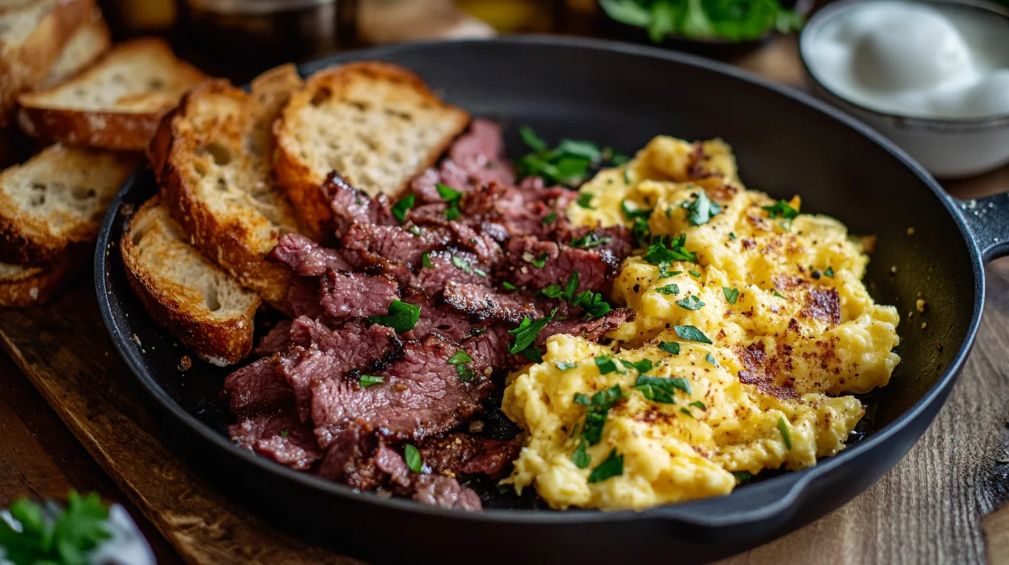 Simple and flavorful canned corned beef breakfast served with eggs and toast.