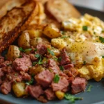 Scrumptious canned corned beef breakfast with eggs, toast, and a side of vegetables."